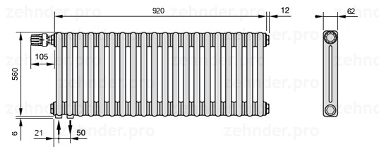 Схема (чертеж) Радиатор Zehnder Charleston 2056/20 №V001 Белый глянцевый RAL 9016